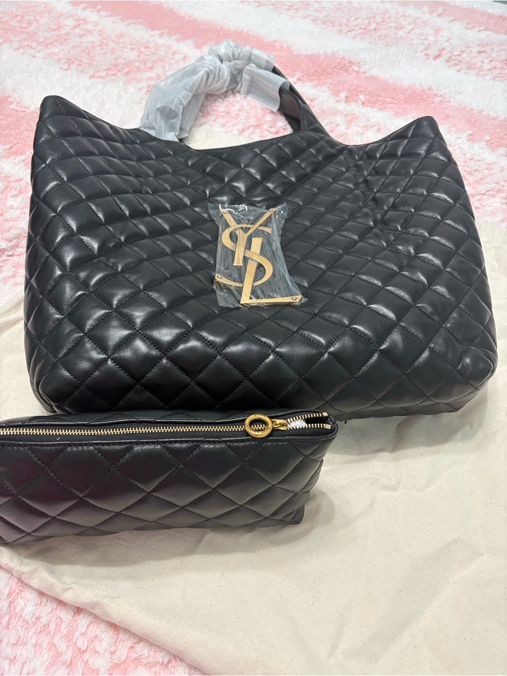Saint Laurent Black Quilted Leather Tote with Gold Logo Accent - Picture 8 of 11
